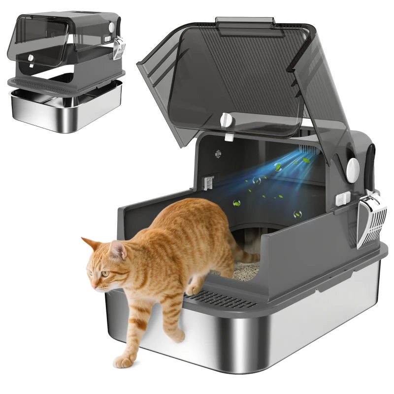 PawHut Katzenklo Edelstahl mit Deckel XXL 72L für große Katzen und Mehrere Katzen mit Doppeltüren Schaufel Pedal Anti-Leck
