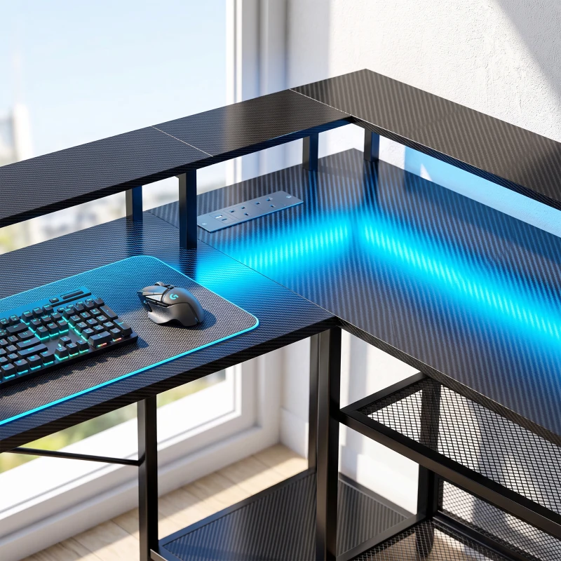 HOMCOM L Shaped Gaming Desk with LED Lights and Power Outlets, 150cm Corner Computer Desk for Small Space, Black
