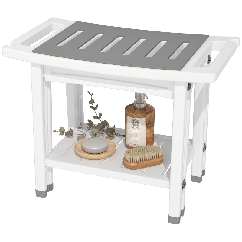 HOMCOM Shower Bench 2-Tier Shower Stool Bathroom with Shelf White and Grey