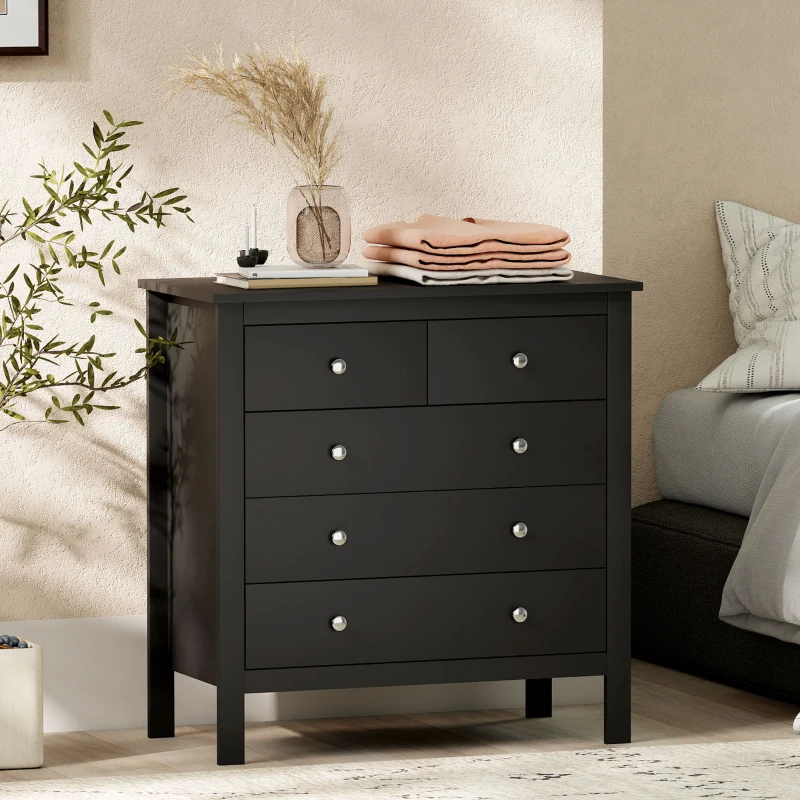 HOMCOM 5 Drawer Dresser for Bedroom, Modern Chest of Drawers, Wide Storage Unit for Living Room, Hallway, Black