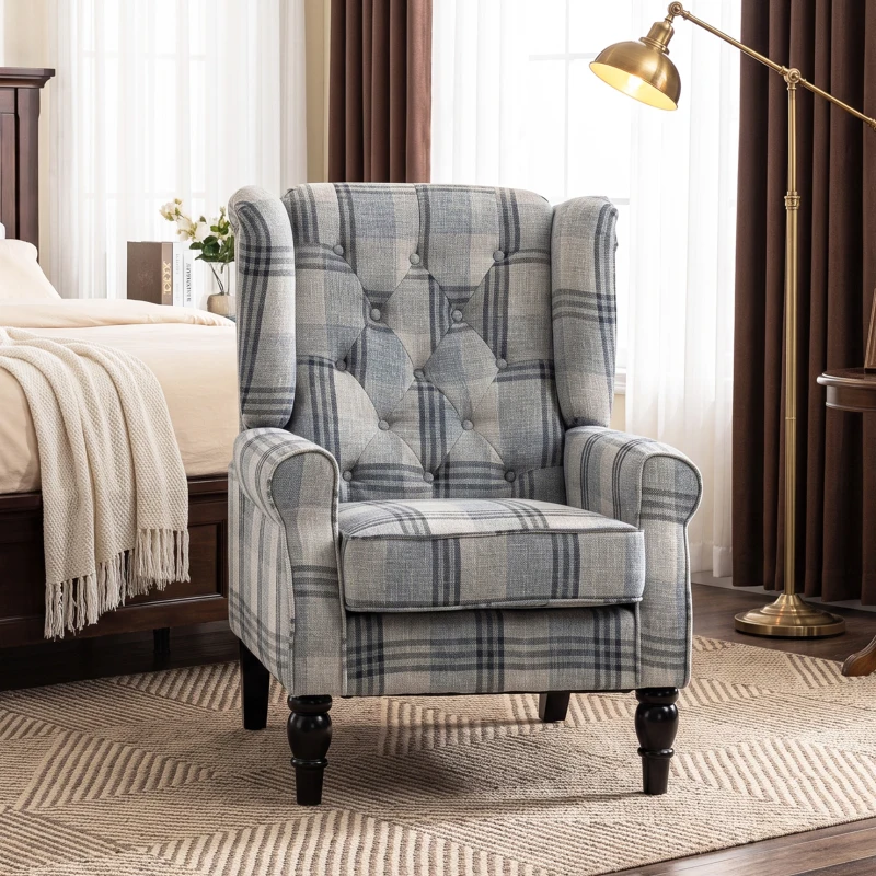 HOMCOM Faux Linen Armchair with Thick Spring Cushion, Wingback Accent Chair with High Back, Solid Wood Legs, Mixed Plaid