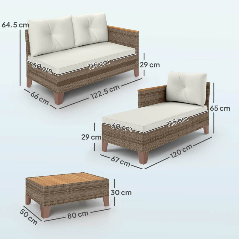 Outsunny 3 Pieces Rattan Garden Furniture Set, L Shaped Garden Conversation Chaise Lounge Furniture with Wood Top Coffee Table and Thick Cushions, Cream