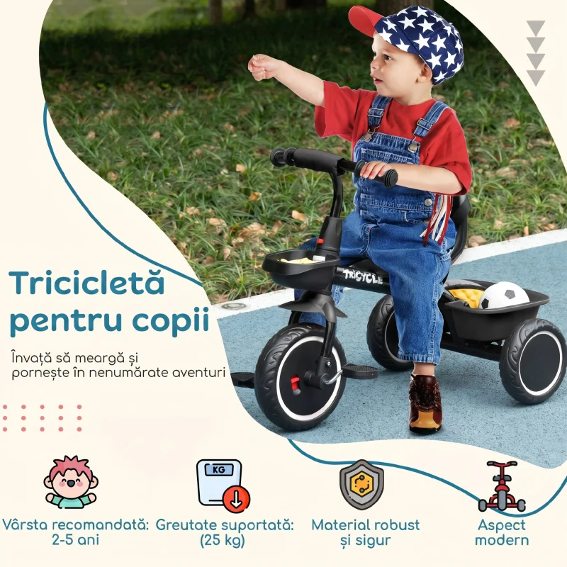 AIYAPLAY Tricicletă pentru Copii 2-5 Ani cu Scaun Reglabil, Coș și Apărătoare de Noroi, Negru