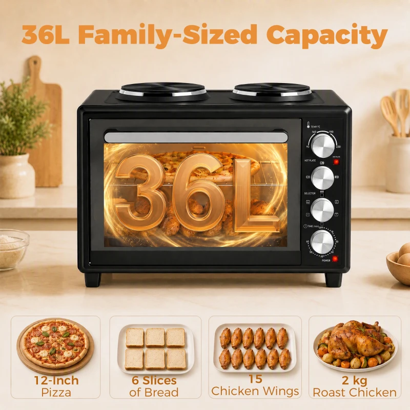 HOMCOM 36L Mini Oven with Dual Hot Plates, Electric Countertop Cooker with Convection, 90–230°C Adjustable Temperature