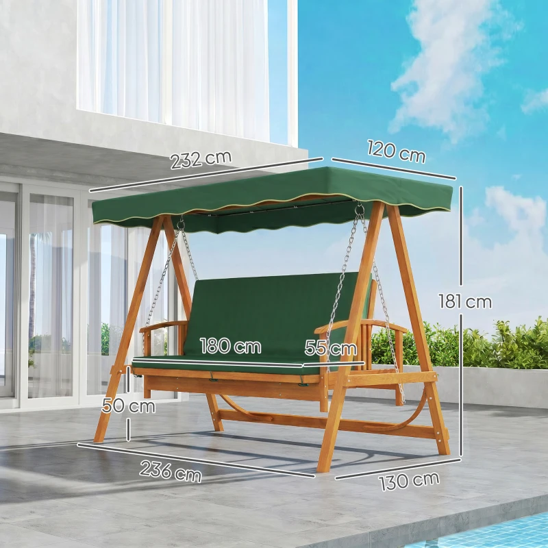 Outsunny 3 Seater 2-in-1 Wooden Garden Swing Seat Swing Chair, Outdoor Convertible Hammock Bench w/cushion, Furniture Lounger Bed, Dark Green