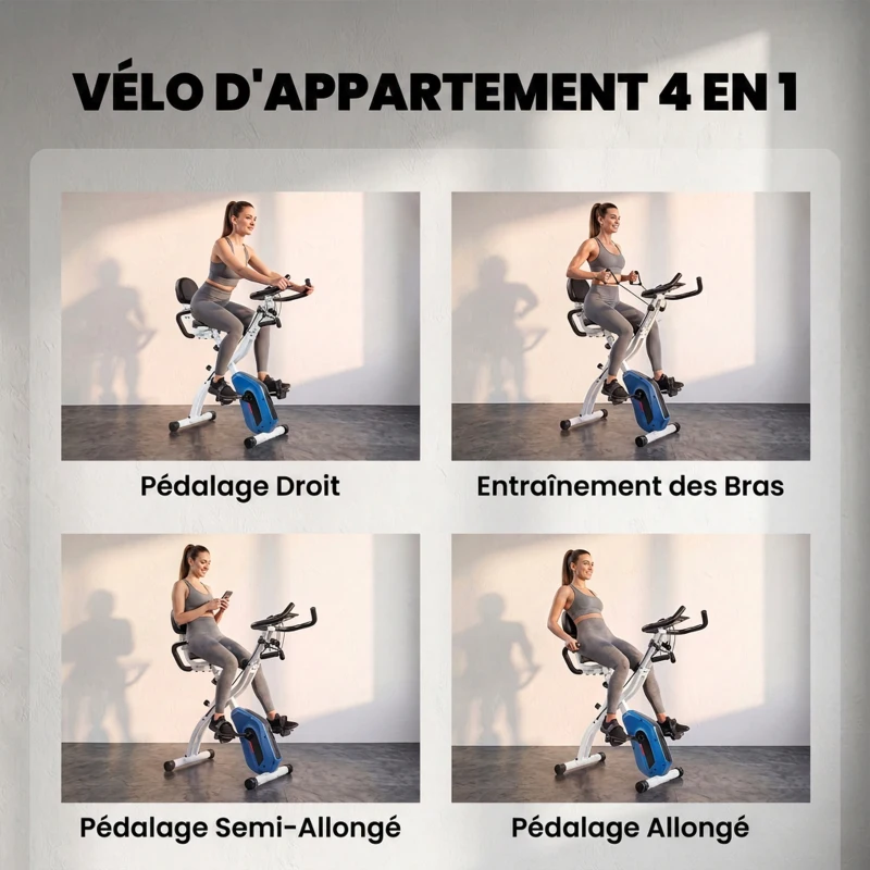 SPORTNOW Vélo d'Appartement Pliable Vélo de Fitness 4 en 1 Silencieux Connecté Kinomap Bluetooth et Zwift 105x53,5x109cm Bleu