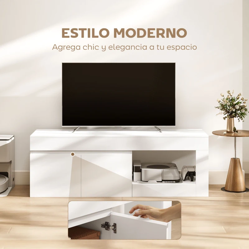 HOMCOM Mueble de TV Moderno para Salón con 2 Puertas Estante Abierto para Televisión 60 Pulgadas 140x40x48 cm Blanco
