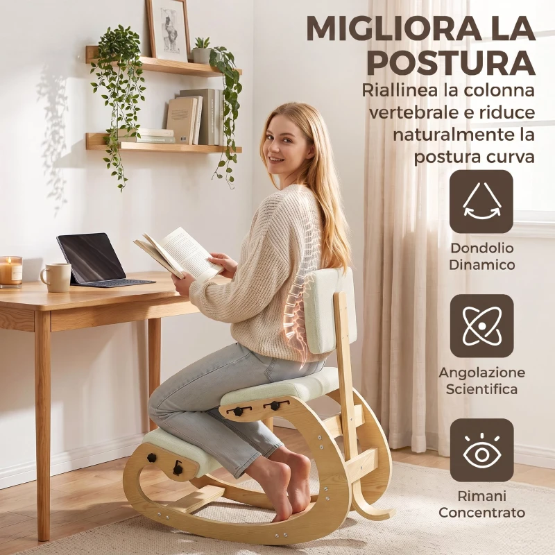 HOMCOM Sedia Ergonomica Inginocchiata in Tessuto Effetto Lino e Compensato di Betulla, Crema