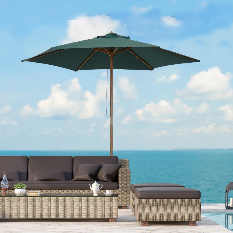 Outsunny Ombrellone da Giardino 2.5x2.3m a 6 Stecche, in Legno e Poliestere, Verde Scuro