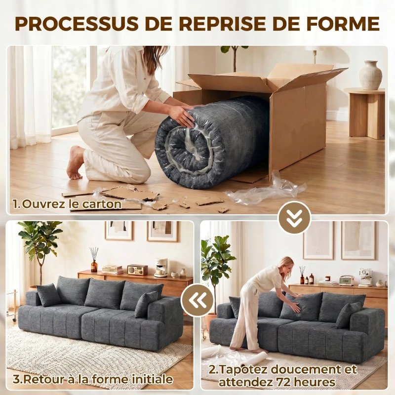 HOMCOM Canapé 3 places en chenille 248 cm, canapé salon moderne, large assise rembourrée, coussins à ressorts, gris