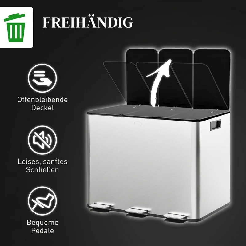 HOMCOM Mülleimer mit 3 x 10 L Fächern, Deodorant-Deckel, fingerabdrucksicher, Soft-Close, herausnehmbar, Silber