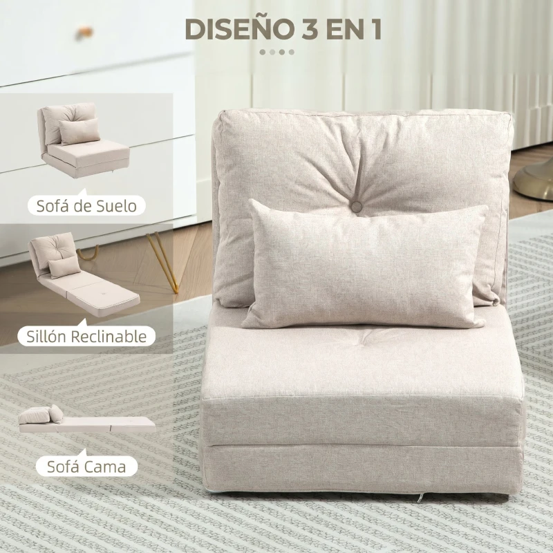HOMCOM Sofá Cama Individual Plegable Sofá Cama Tapizado en Lino con Respaldo Ajustable 5 Posiciones 1 Almohada Beige