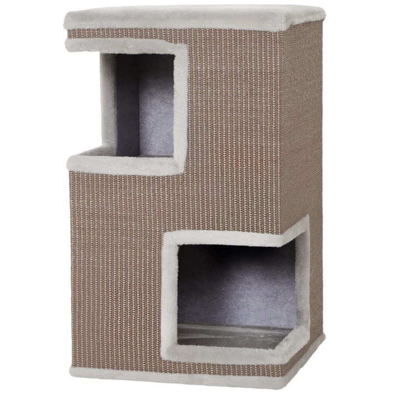 PawHut Tonel para gatos de 3 andares para interior, toca semi-fechada com superfícies para arranhar por todo o lado, 2 tocas