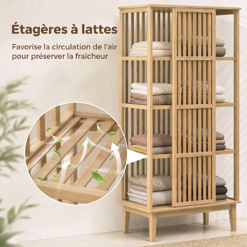 HOMCOM Armoire Chambre Penderie en Bambou 5 Niveaux avec Porte Coulissante, Design Aéré à Lattes, Bois Naturel