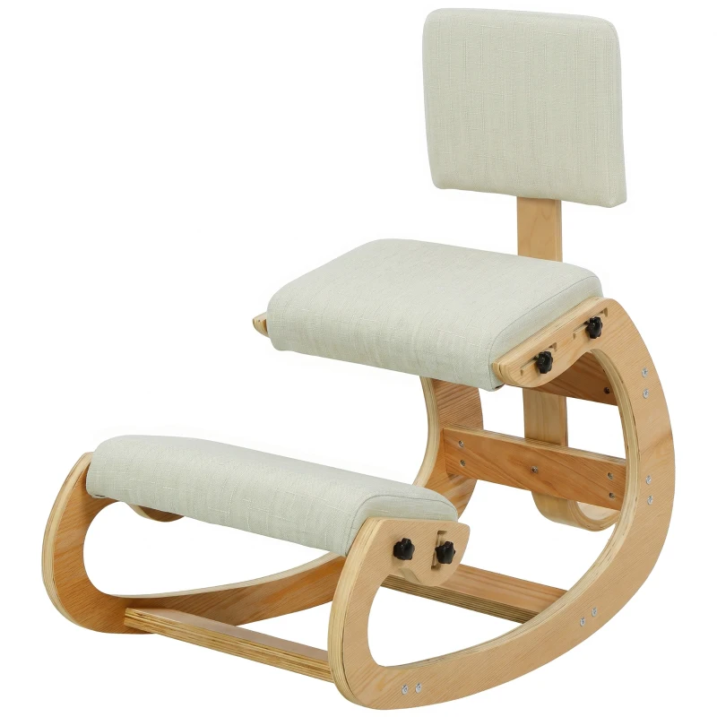 HOMCOM Sedia Ergonomica Inginocchiata in Tessuto Effetto Lino e Compensato di Betulla, Crema