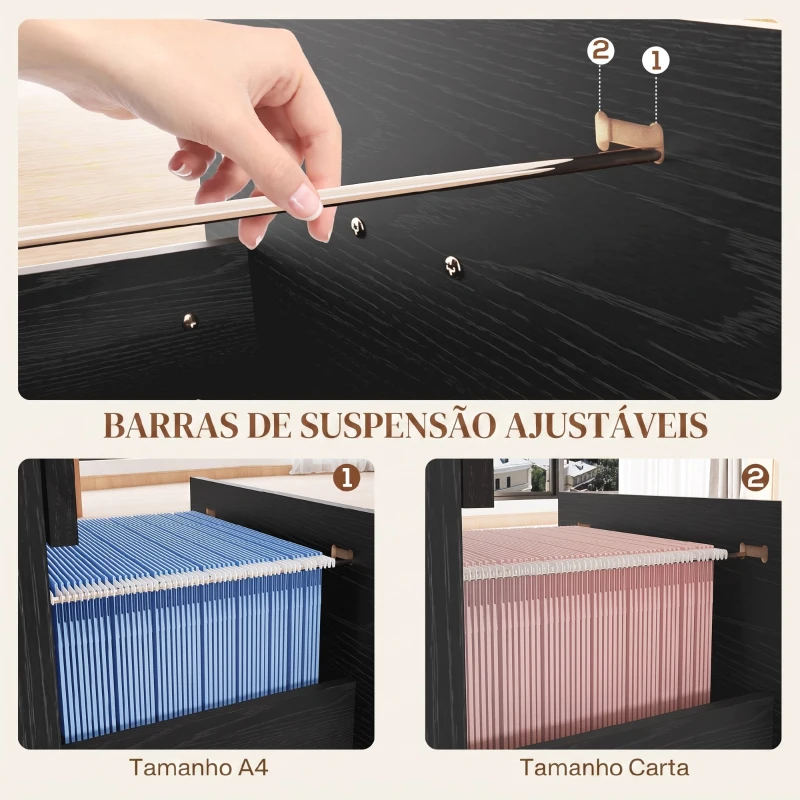 HOMCOM Gaveteiro de Secretária com 4 Gavetas Fechaduras e Barras Ajustáveis para Arquivo A4 e Letter 40x42x130,8 cm Preto