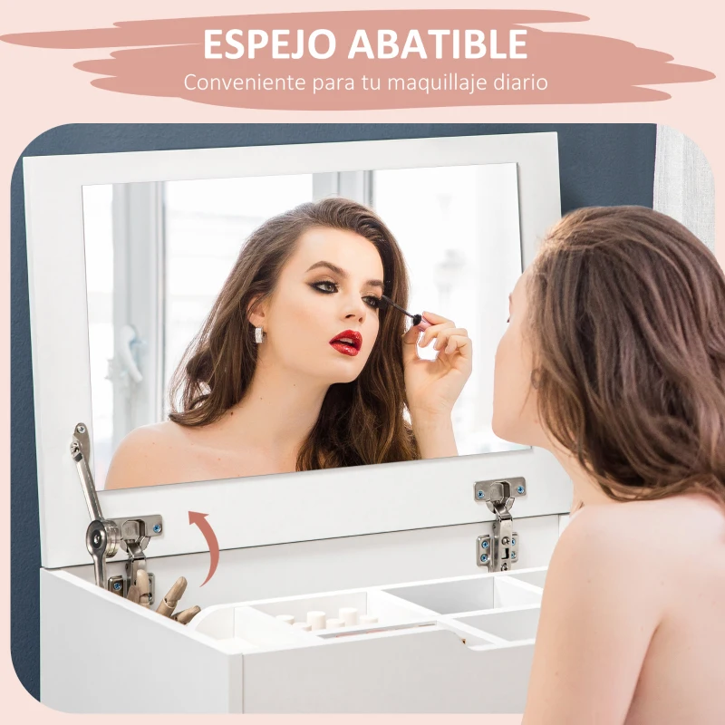 HOMCOM Tocador de Maquillaje con Taburete Oculto Espejo Abatible Cajón y 7 Compartimentos Taburete con Almacenamiento Blanco