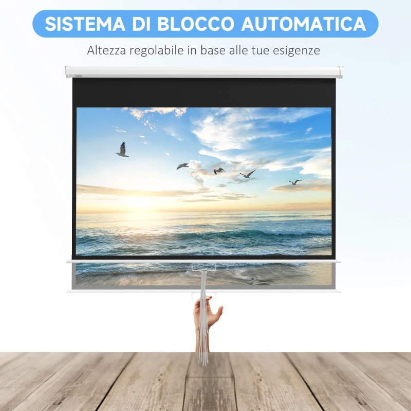 HOMCOM Telo Proiettore 80" 16:9 con Corda di Regolazione, in Plastica e Metallo, 187x8x150 cm, Bianco