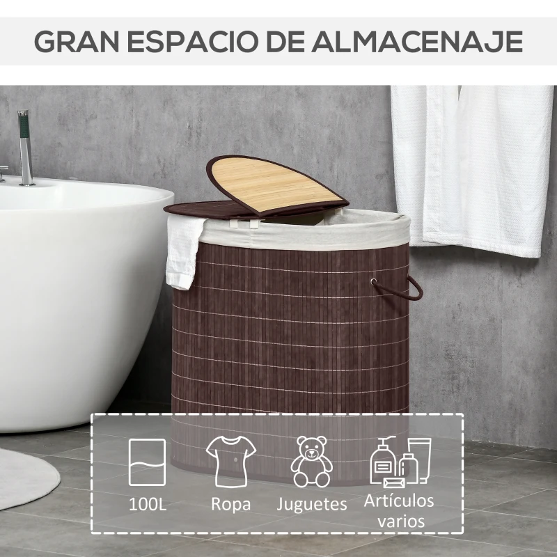 HOMCOM Cesto para Ropa Sucia de Bambú Capacidad de 100L Cesta para la Colada con 2 Compartimentos  62,5x37x60,5cm Marrón