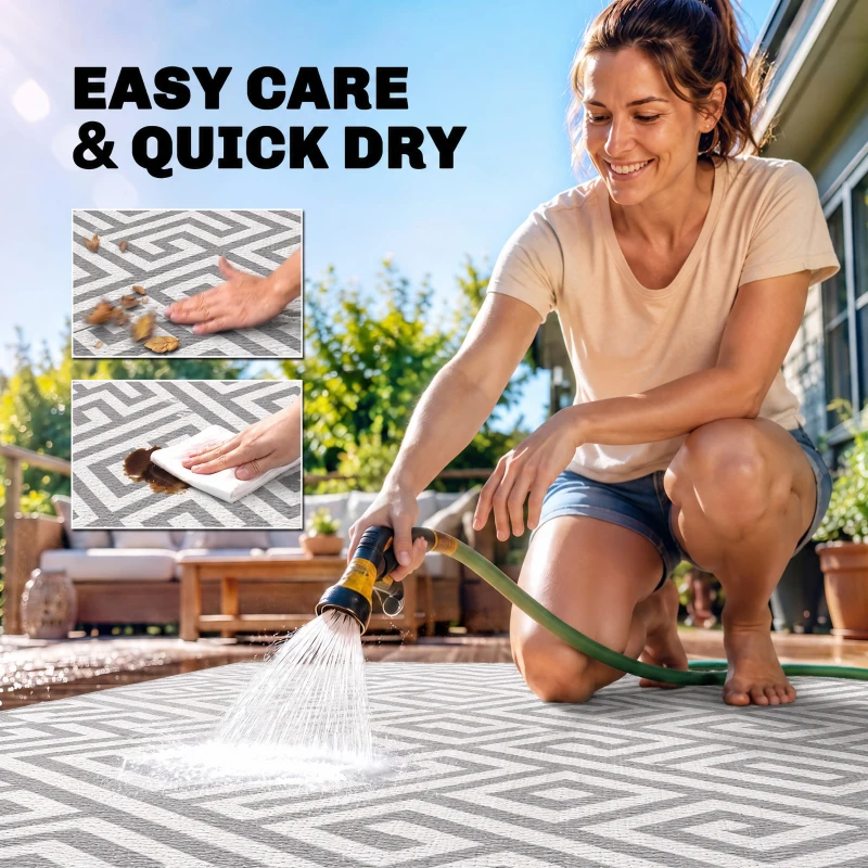 Outsunny Outdoor Rug Reversible Mat Plastic Straw Rug Portable RV Camping Mat for Garden Deck Picnic Indoor, 152 x 243 cm (5 x 8 ft), Light Grey & White