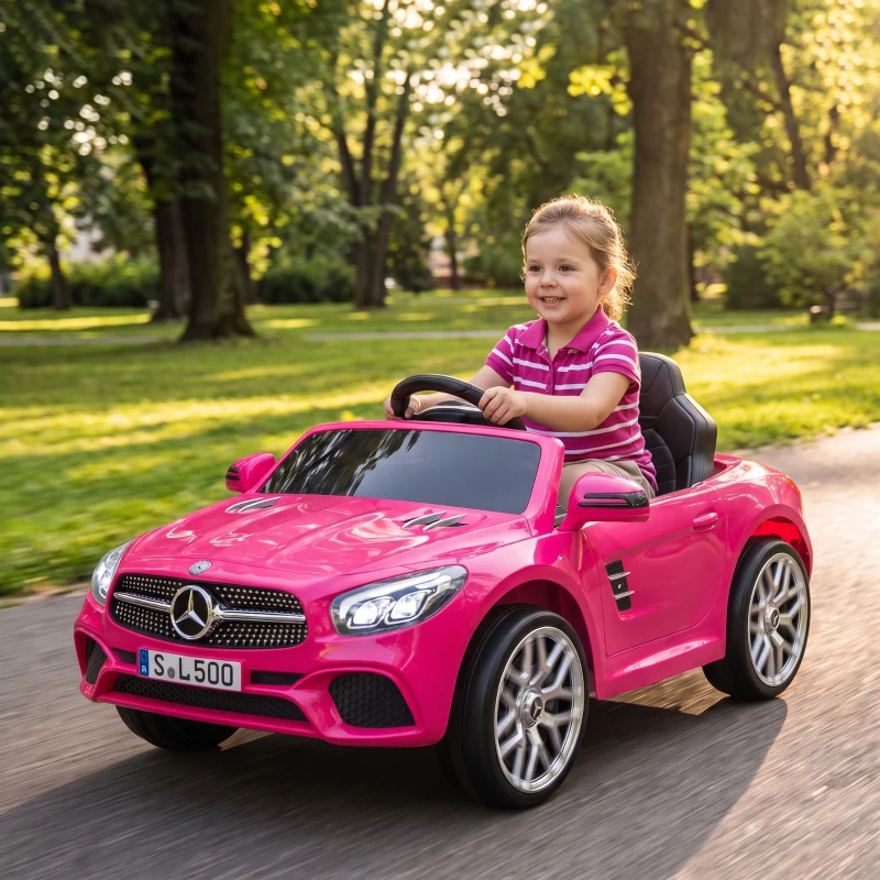 AIYAPLAY Voiture Électrique Enfants 12V Mercedes-Benz SL500, 3-5 km/h, 2 Moteurs, Télécommande 2,4G, pour 3-5 Ans, Rose