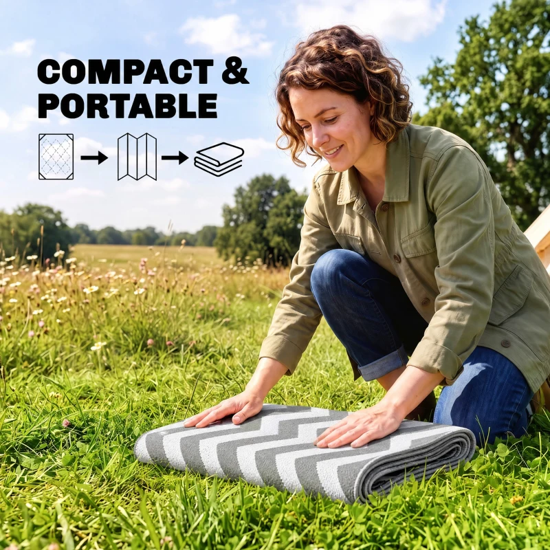 Outsunny Outdoor Rug Reversible Mat Plastic Straw Rug Portable RV Camping Mat for Garden Deck Picnic Indoor, 121 x 182 cm (4 x 6 ft), Light Grey & White