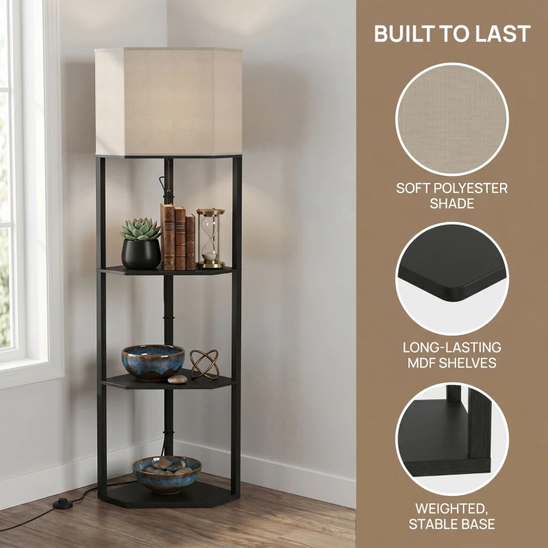 HOMCOM Corner Floor Lamp with Shelves and Lights, Modern Dimmable Standing Lamp with 3000K/4000K/6000K Colour Temperature