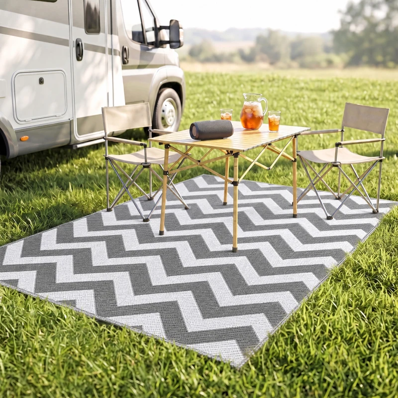 Outsunny Outdoor Rug Reversible Mat Plastic Straw Rug Portable RV Camping Mat for Garden Deck Picnic Indoor, 121 x 182 cm (4 x 6 ft), Light Grey & White