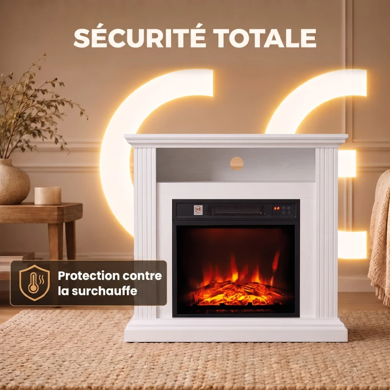 HOMCOM Cheminée Électrique 1800 W, Effet Flamme à 3 Niveaux de Luminosité, Fausse Cheminée avec Manteau, Effet Bois Blanc