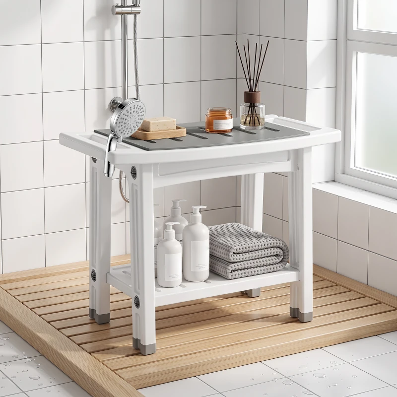 HOMCOM Shower Bench 2-Tier Shower Stool Bathroom with Shelf White and Grey