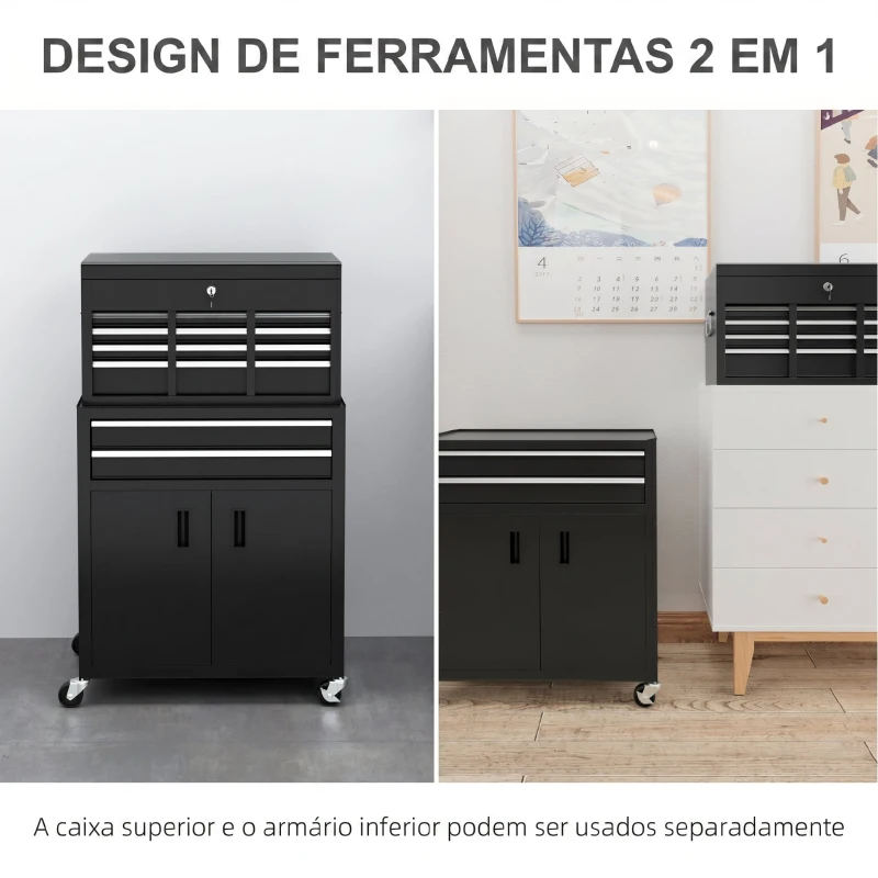 HOMCOM Carro de Ferramentas com Baú Superior, 6 Gavetas, Armário, Fechadura e 4 Ganchos para Garagem e Casa, Preto