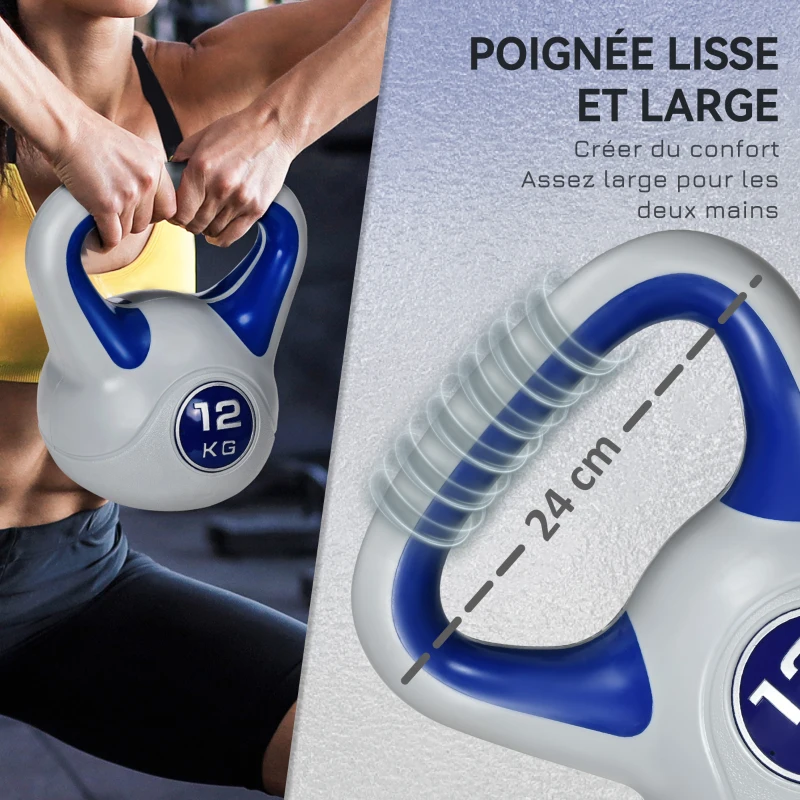 SPORTNOW Kettlebell 12 kg, haltère avec poignée ergonomique, haltère à boule, musculation, entraînement, 24 x 17 x 28 cm, bleu