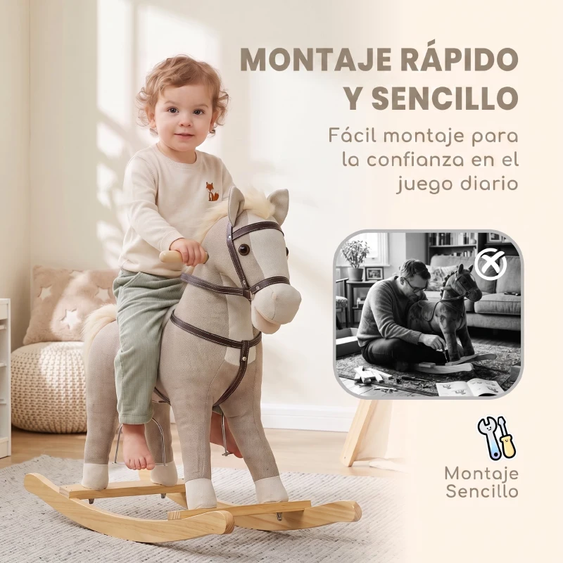 AIYAPLAY Caballo Balancín con Sonidos y Asas de Seguridad Base de Madera para Niños de 12 a 36 Meses Gris