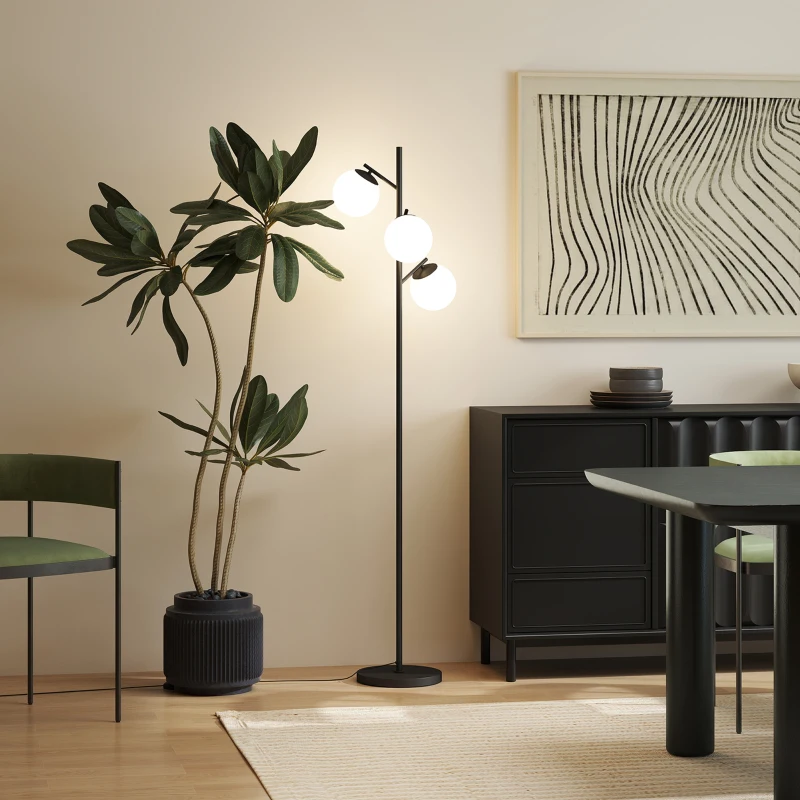 HOMCOM 3-Light Tree Floor Lamps for Living Room, Modern Standing Lamp for Bedroom with Globe Lampshade, Steel Base, Bulb not Included, Black
