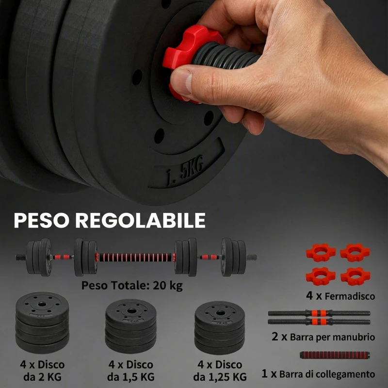 HOMCOM Set 2 Manubri Antiscivolo con 12 Dischi Pesi da 20 kg totali e Connettore, in Acciaio, HDPE e Sabbia, Nero