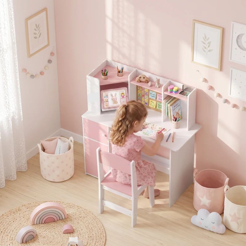 AIYAPLAY Bureau Enfant avec Chaise, Table d'Étude, Support de Tablette Réglable, Porte-Stylos, Panneau en Liège, 5-12 ans, Rose