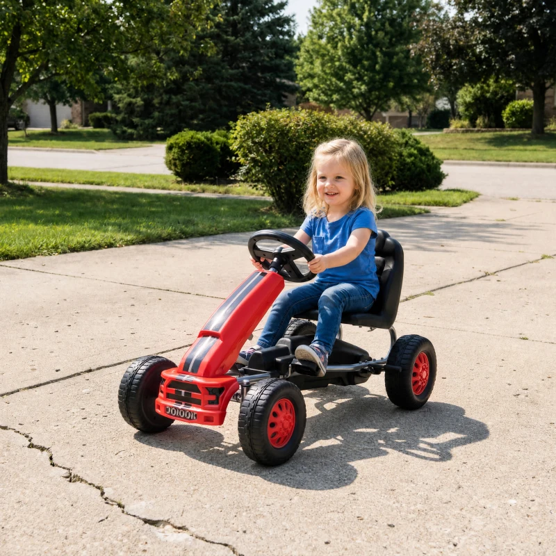 AIYAPLAY Go-Kart para Crianças +3 Anos com Assento Ajustável, Volante, Travão de Mão, Estrutura em Alumínio e Aço, até 30 kg, Vermelho