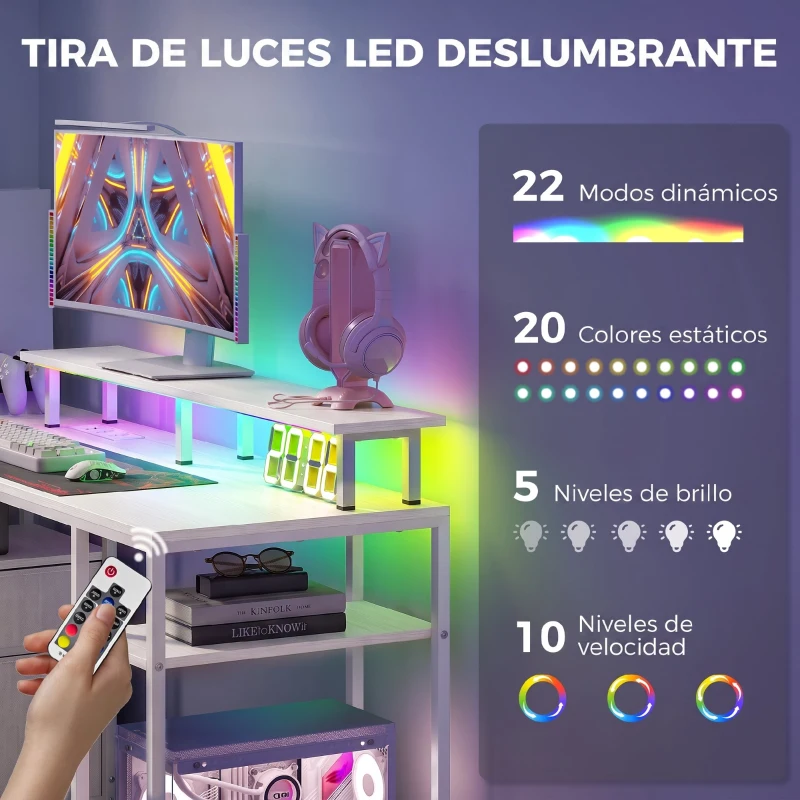 HOMCOM Mesa de Escritorio con Luces LED Cajones Tomas de Corriente Puertos USB y Soporte para Monitor 155,5x48x88,5 cm Blanco
