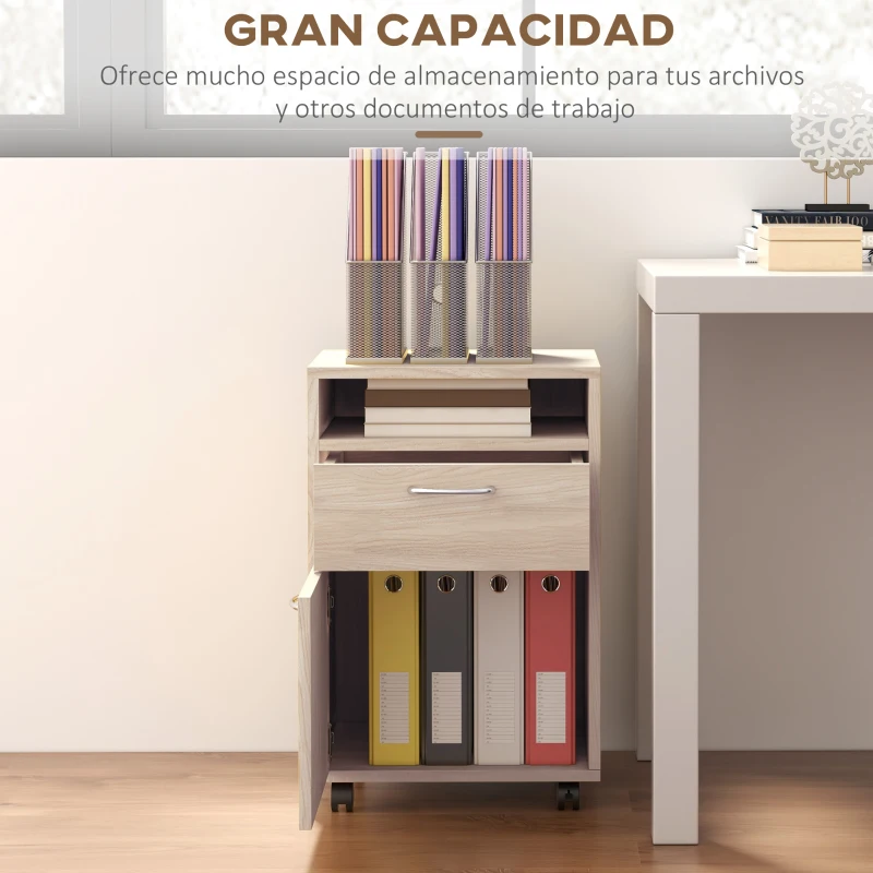 HOMCOM Cajonera de Escritorio con Ruedas Cajón Compartimento Puerta Archivador Móvil para Estudio 40x35x60 cm Roble