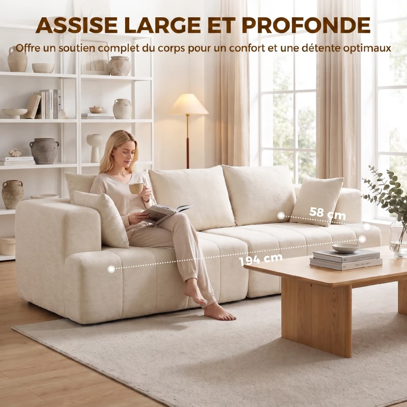 HOMCOM Canapé 3 places en chenille 248 cm, canapé salon moderne, large assise rembourrée, coussins à ressorts, beige