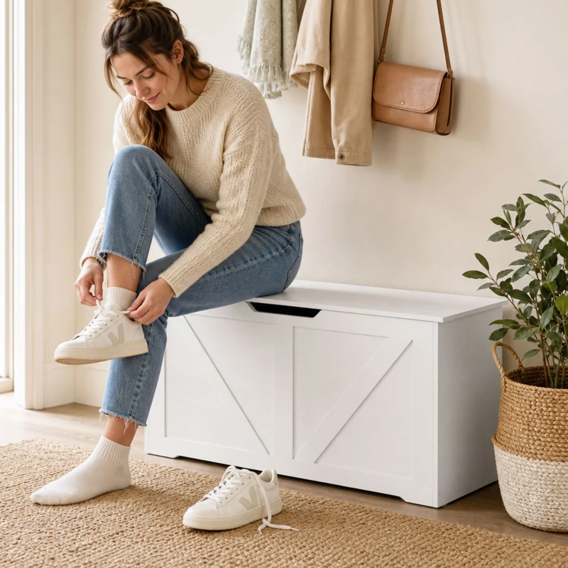 HOMCOM 127L Home Storage Box, with Safety Hinges - White Wood-Effect