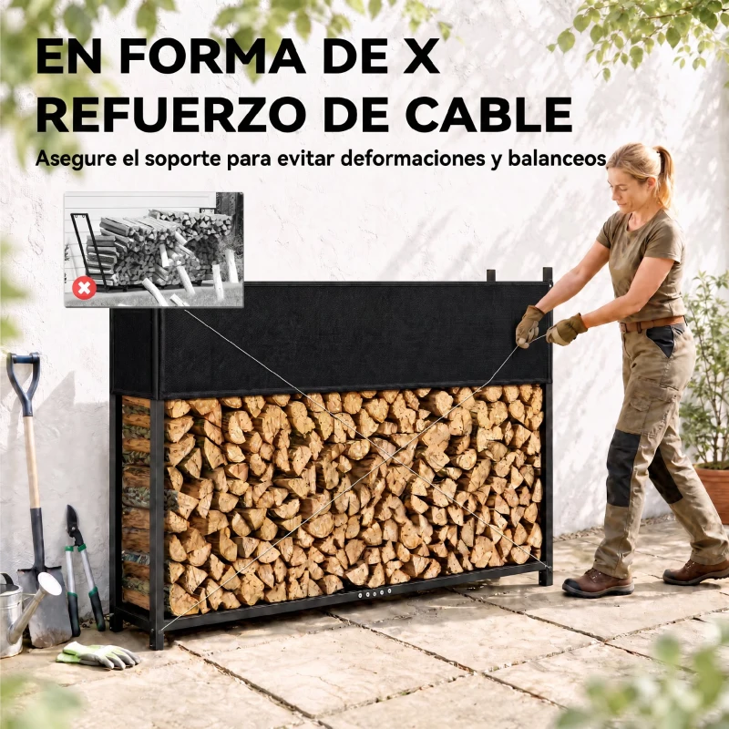 Outsunny Estante de Leña con Funda Oxford 600D y Cables Marco de Acero Galvanizado Carga 500 kg para Interior y Exterior Negro