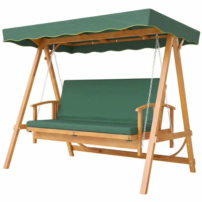 Outsunny 3 Seater 2-in-1 Wooden Garden Swing Seat Swing Chair, Outdoor Convertible Hammock Bench w/cushion, Furniture Lounger Bed, Dark Green