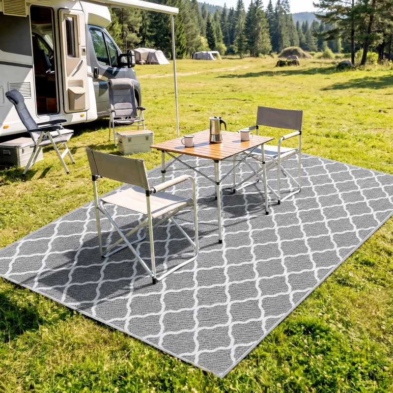Outsunny Tapete de Exterior Moderno Reversível e Impermeável para Varanda Campismo Praia 182x274cm Cinza e Branco