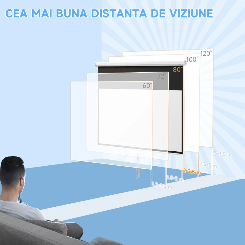 HOMCOM Ecran de Proiecție 80" 16:9 cu Frânghie de Reglare, din Plastic și Metal, 187x8x150 cm, Alb