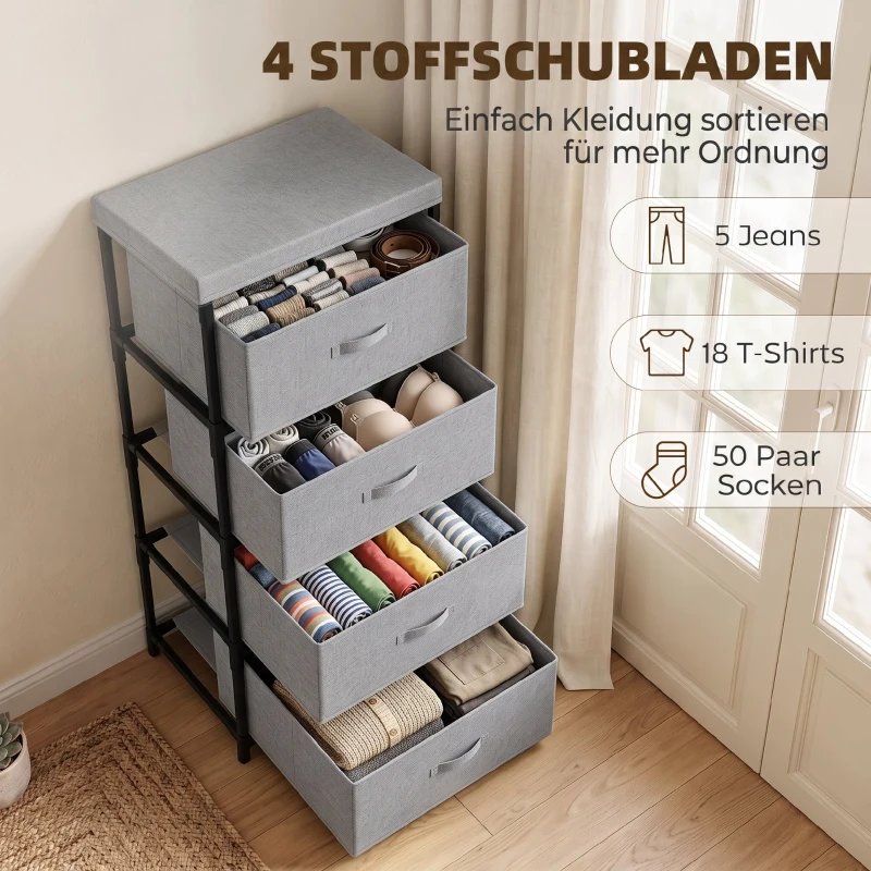 HOMCOM Kommode mit Stahlrahmen und 4 Schubladen, 42 x 32 x 80 cm, Grau/Schwarz