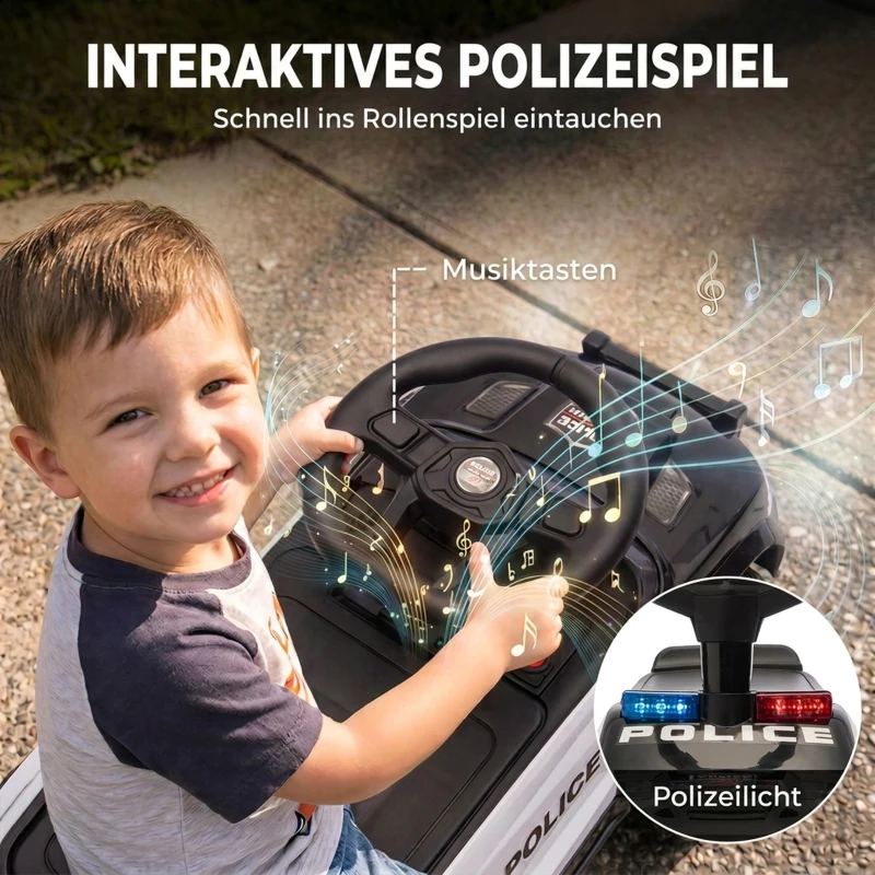 AIYAPLAY Jeździk dziecięcy policyjny z muzyką i światłem, zabezpieczenie antywywrotne i schowek pod siedzeniem 18–36 miesięcy czarny
