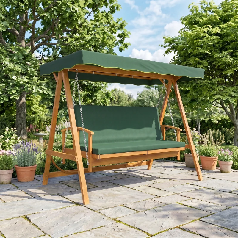 Outsunny 3 Seater 2-in-1 Wooden Garden Swing Seat Swing Chair, Outdoor Convertible Hammock Bench w/cushion, Furniture Lounger Bed, Dark Green