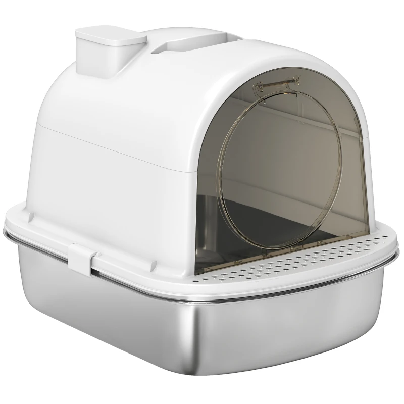 PawHut Lettiera Gatto Chiusa L in Acciaio Inox con Maniglia, Paletta, Pacchetto Deodorante, Antiperdita, Bianco