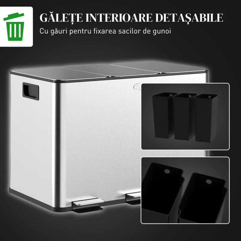 HOMCOM Coș de Gunoi cu 3 Compartimente 10L pentru Bucătărie, Cu Pedale și Capace cu Închidere Silențioasă, Oțel Inoxidabil și PP, 49.6x34.5x38.6 cm, Argintiu